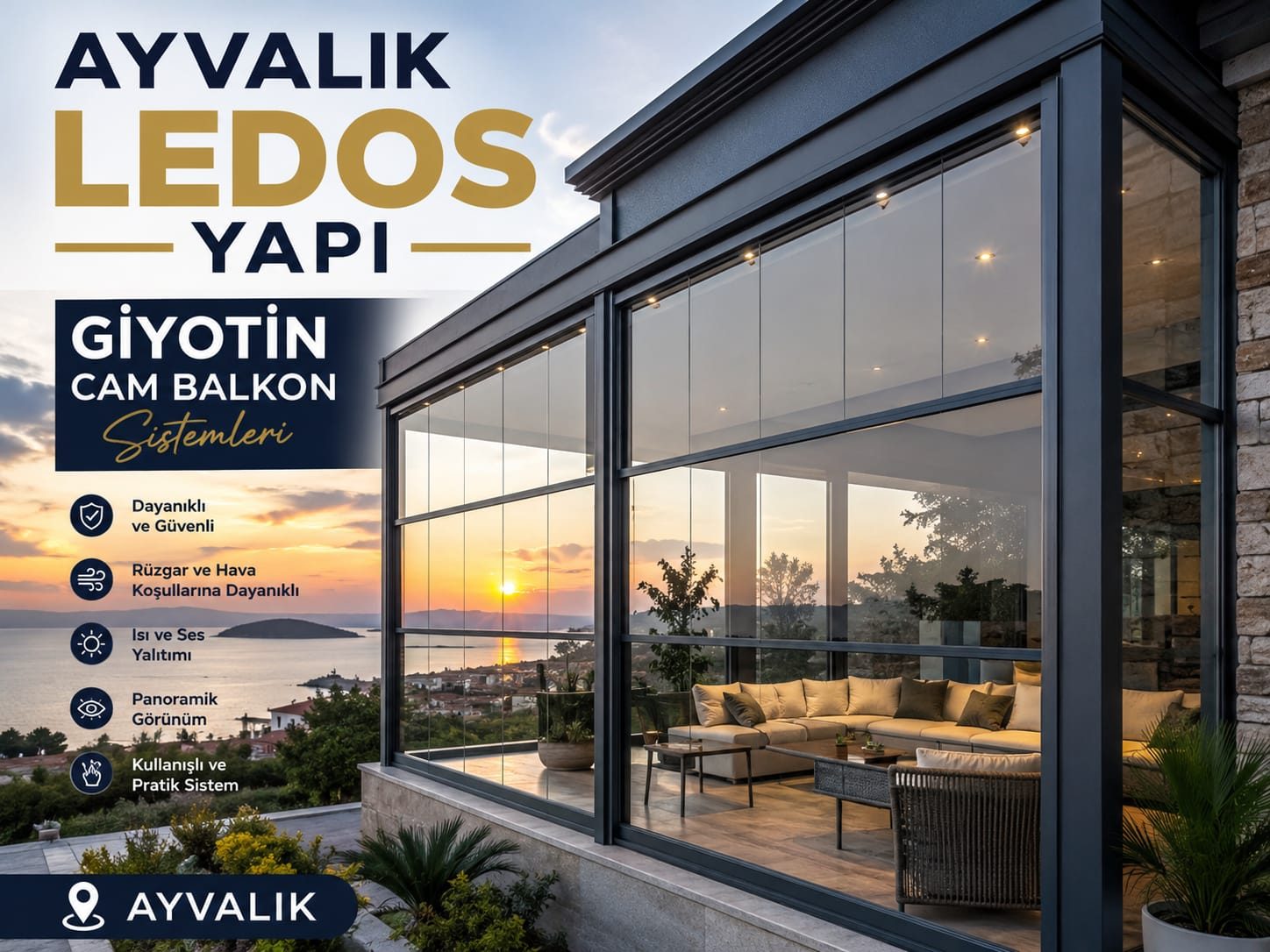 Ayvalık deniz manzaralı giyotin cam balkon uygulaması